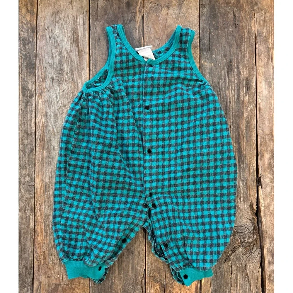 Carters Vintage Baby Romper Teal Black Plaid‎ Snap Front One Piece 3-6M